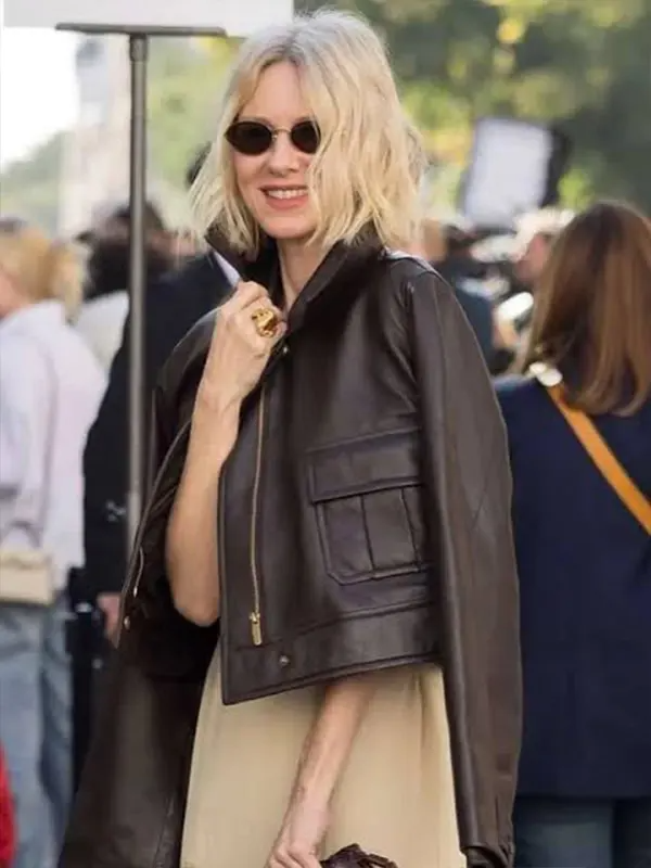 Womens Brown Leather Bomber Jacket Naomi Watts’ PFW 2026 Brown Jacket