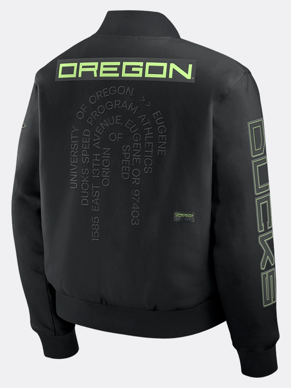 Oregon Ducks 2026 Origin of Speed Varsity Jacket Oregon Ducks 2026 Origin of Speed Black Jacket