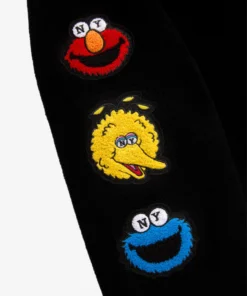 sesame street black ribbed collar varsity jacket