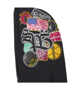Sp5der Patchwork Hoodie spider gothic emblem patchwork zip hoodie