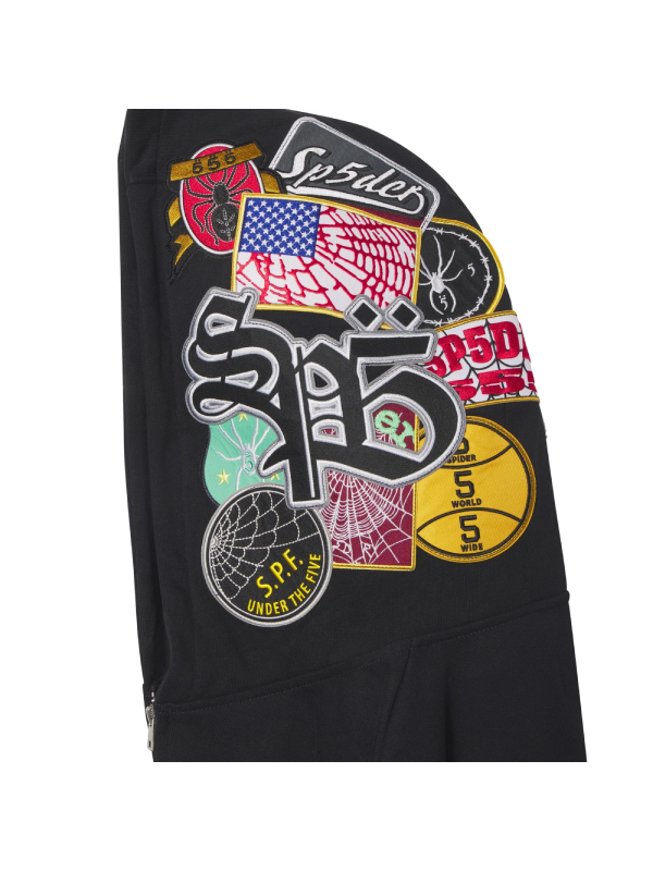 Sp5der Patchwork Hoodie spider gothic emblem patchwork zip hoodie